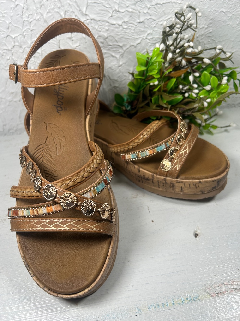 JellyPop Pierre Wedge Sandals Beaded Accents Stylish Cork Wedge Sandal - Picture 9 of 13